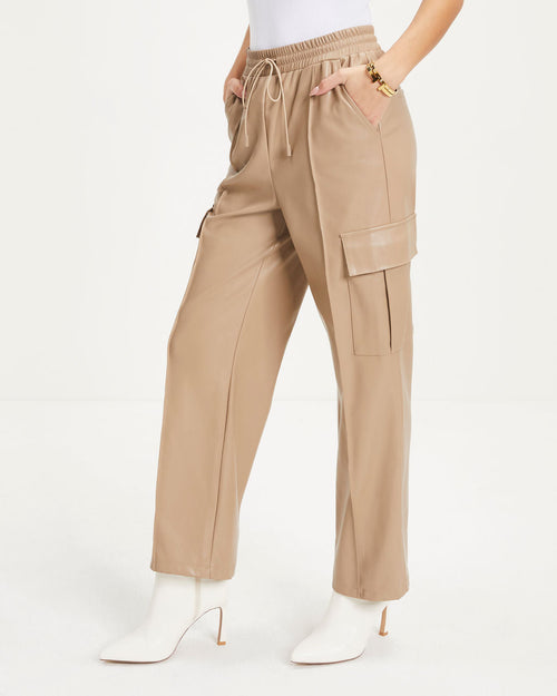 Explore The World Faux Leather Cargo Pants - Beige