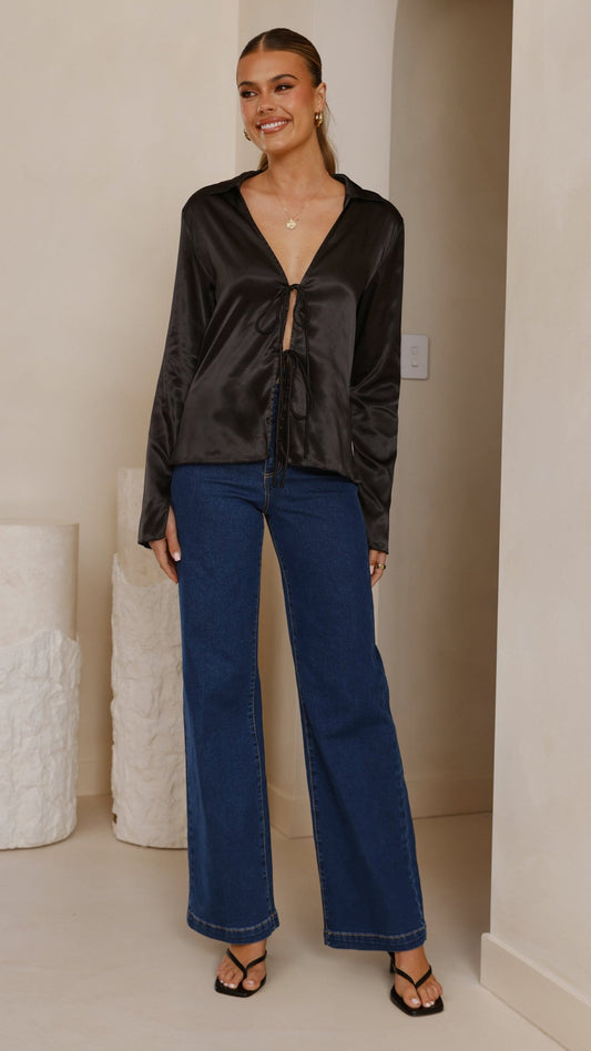 Darielle Tie Front Long Sleeve Top - Black