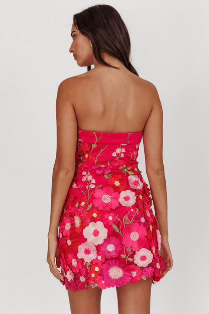 Flora Day Strapless Floral Embellished Mini Dress Fuchsia