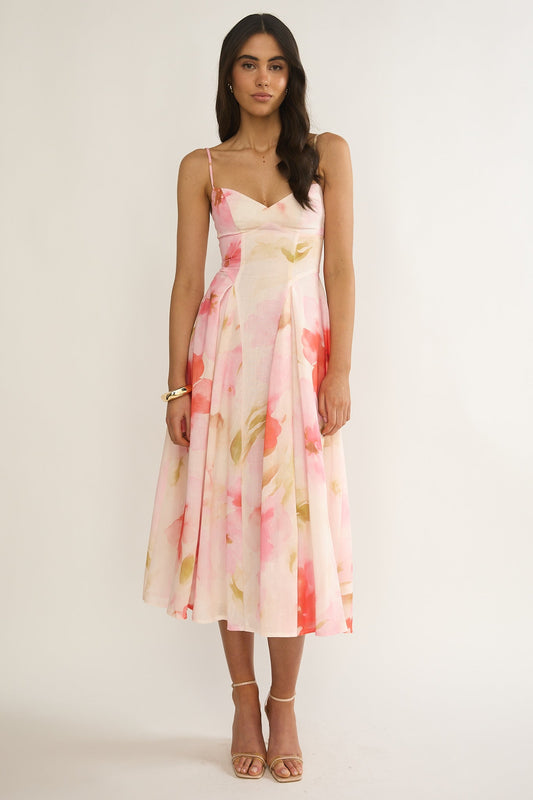 Get My Attention Pleat Waist Midi Dress Floral Pink