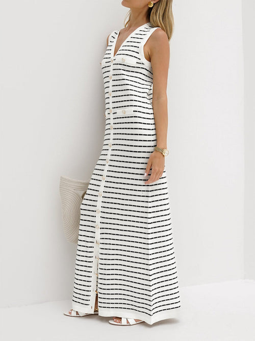 Striped Metal Button Long Sweater Dress