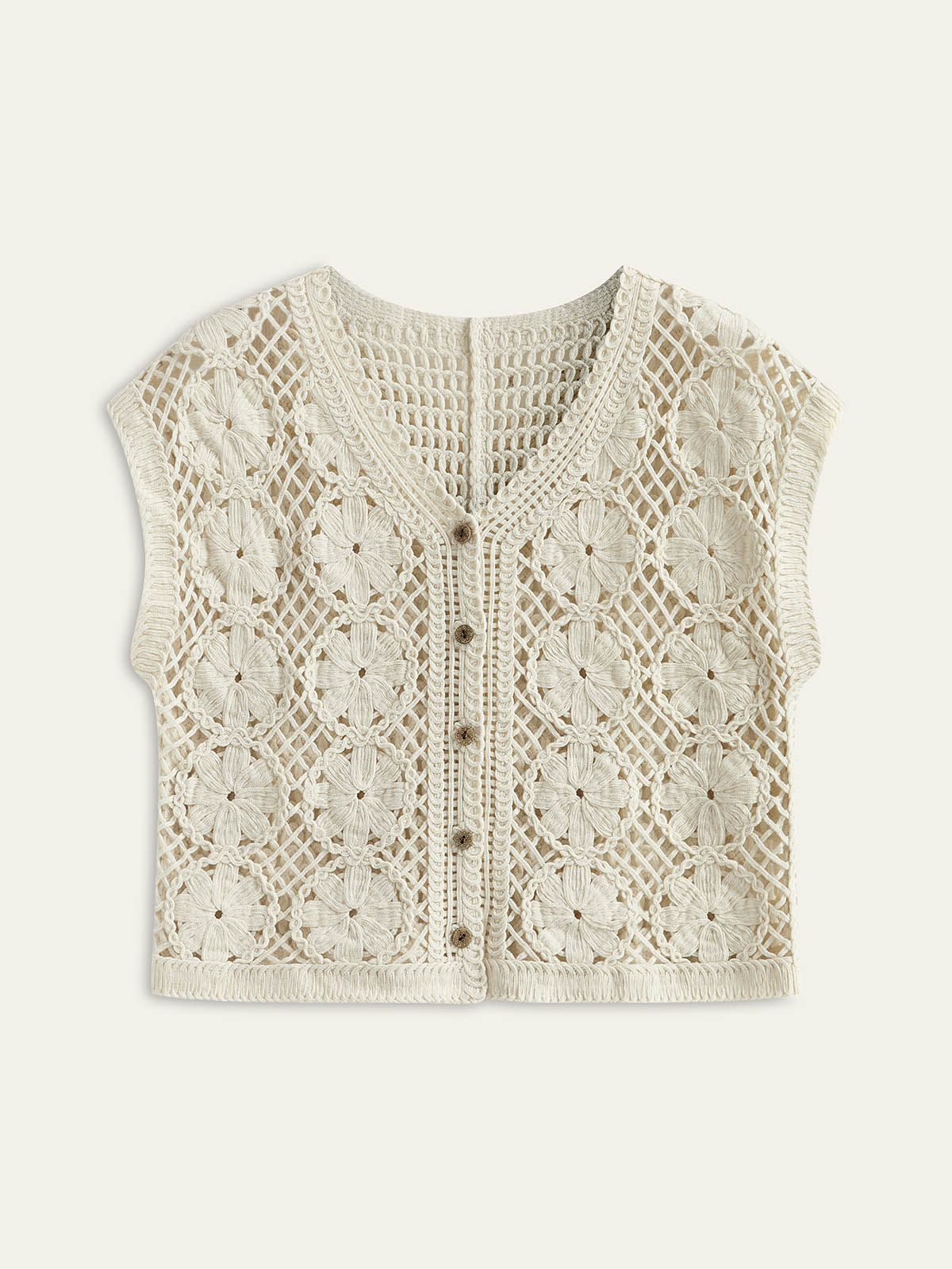 Semi-Sheer Jacquard Cut-Out V-Neck Tank Top