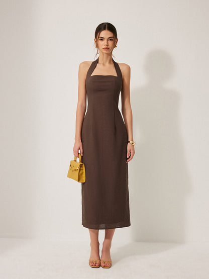 Cotton & Linen Halter Backless Split Dress