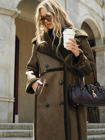 Double-Breasted Fleece Lined Faux Leather Longline Coat