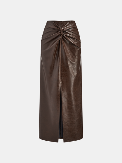 Knot Detail Slit Faux Leather Midi Skirt