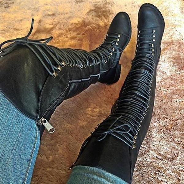 Camel Pu Cross Strap Block Heel Knee High Boots