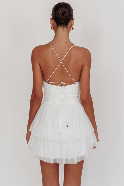 Nightingale Ruched Mesh Mini Dress White