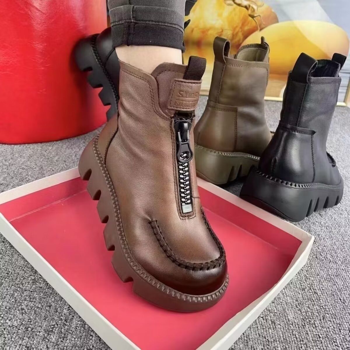 Comfortable Pu Leather Ankle Boots Low Heel Zipper Boots