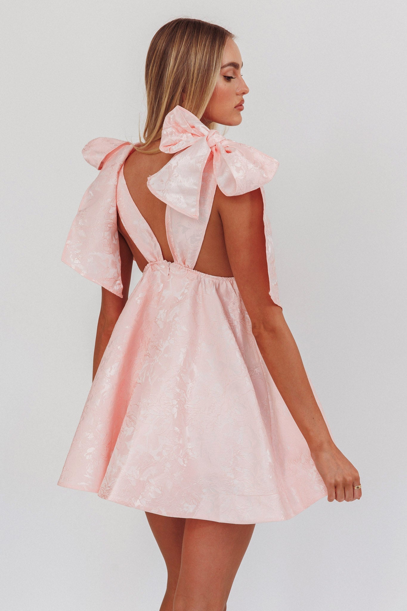 Chantilly Tied Shoulder Jacquard Mini Dress Blush