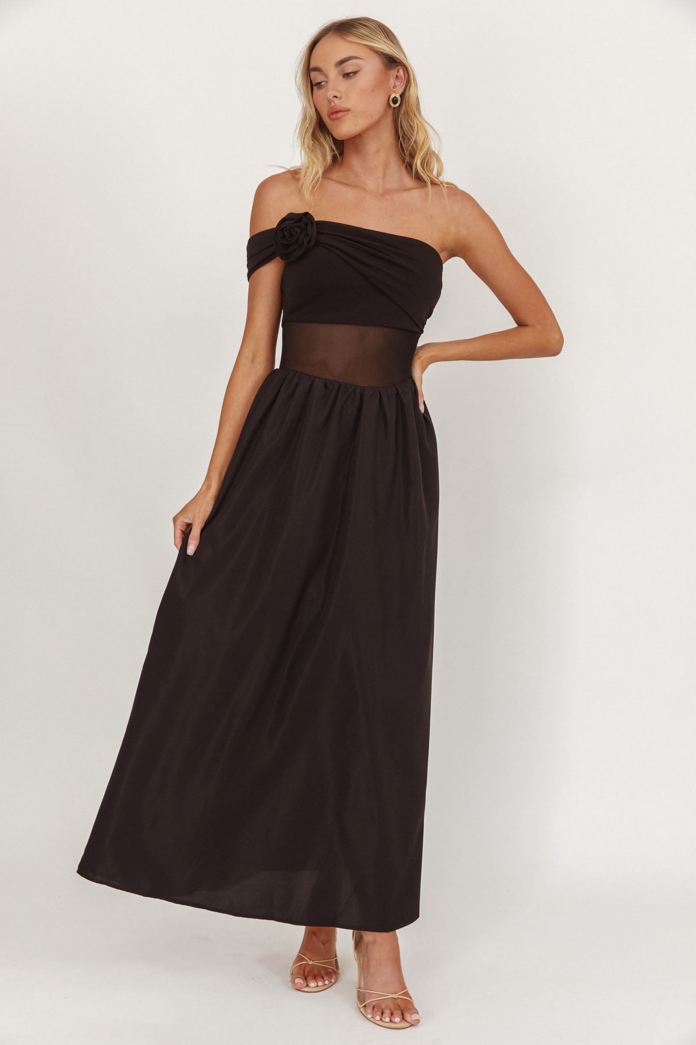 Uma One Sleeve Sheer Waist Midi Dress Black