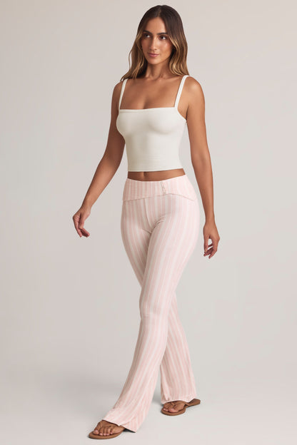 Modal Foldover Mid-Rise Flared Trousers in Stripe Print